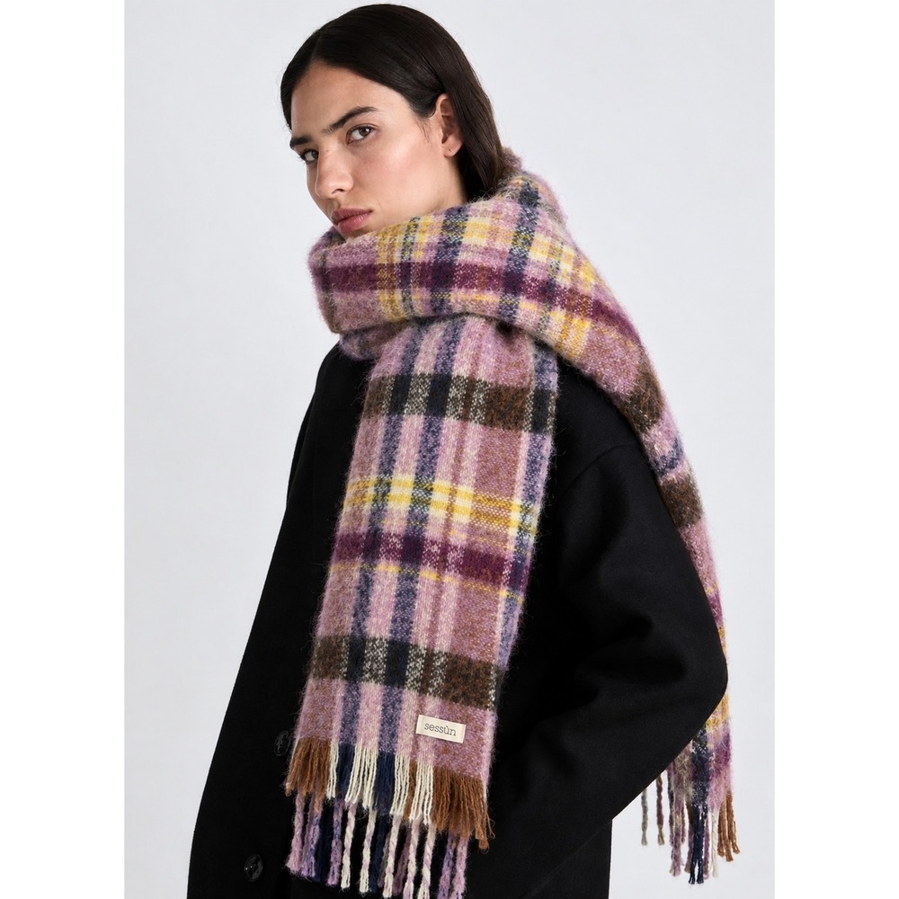 Sessun Women's Suzie Checks Mohair Blend Plaid Scarf Plum Fringe Made in France